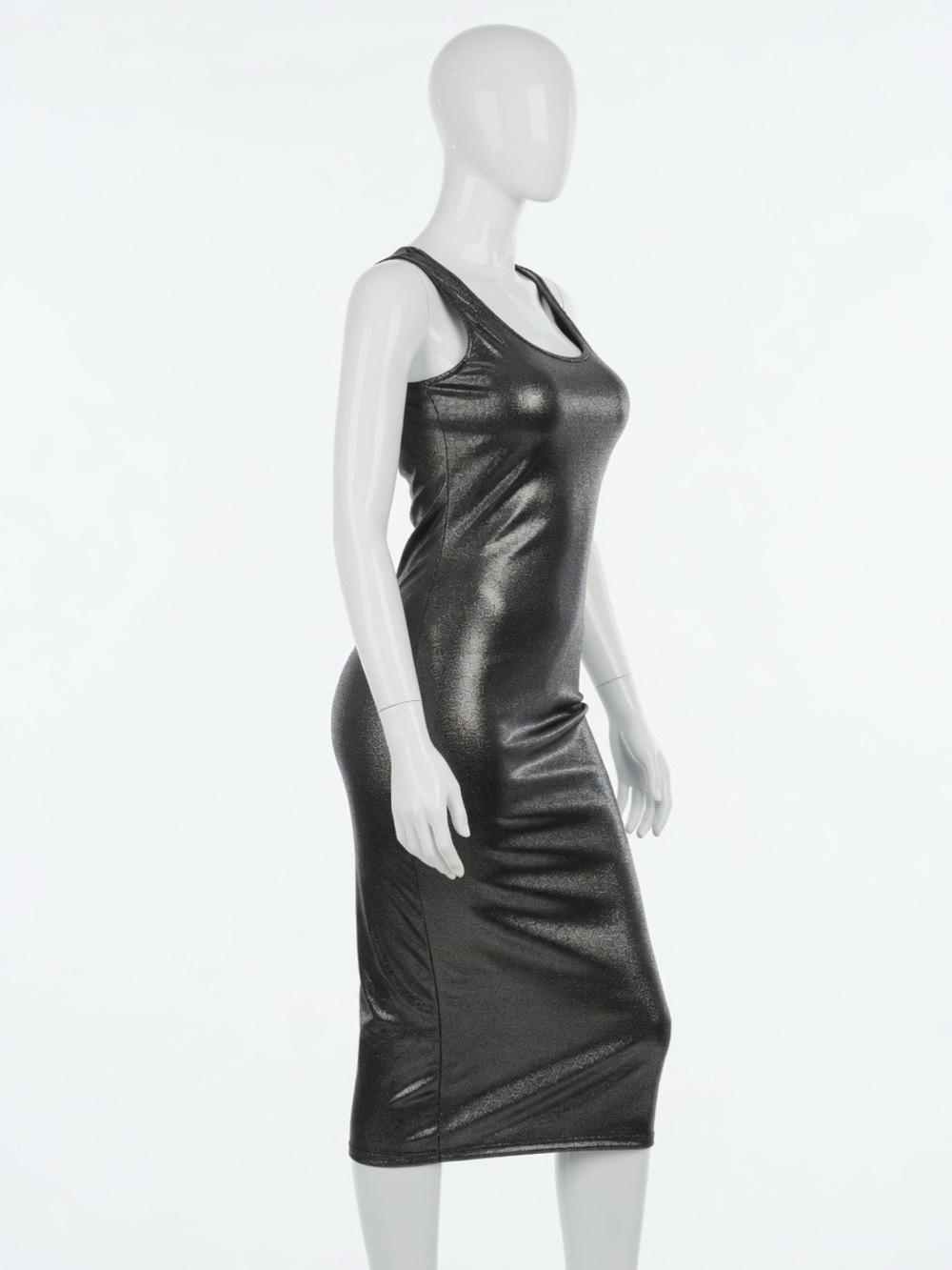 Salaman Metallic Silver- Black Sleeveless Bodycon Midi Dress